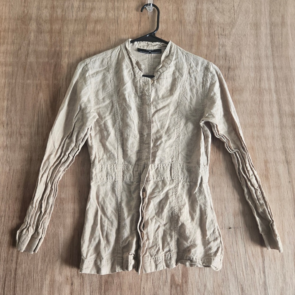 Arnold Zimberg 100% Linen Tan Mandarin Collar Quiet Luxury Button Down Shirt S